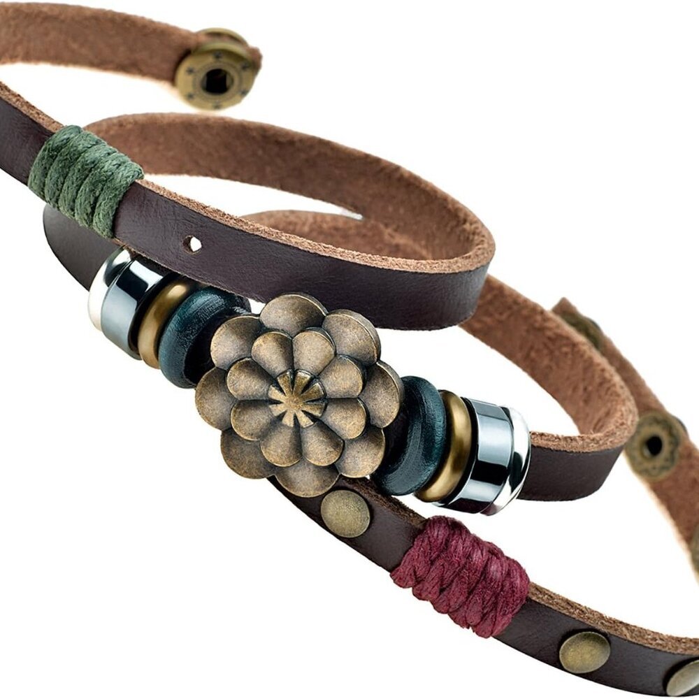 Women's Boho Brown Leather Wrap Bracelet with Brass/Bronze Lotus Flower Stack Tr